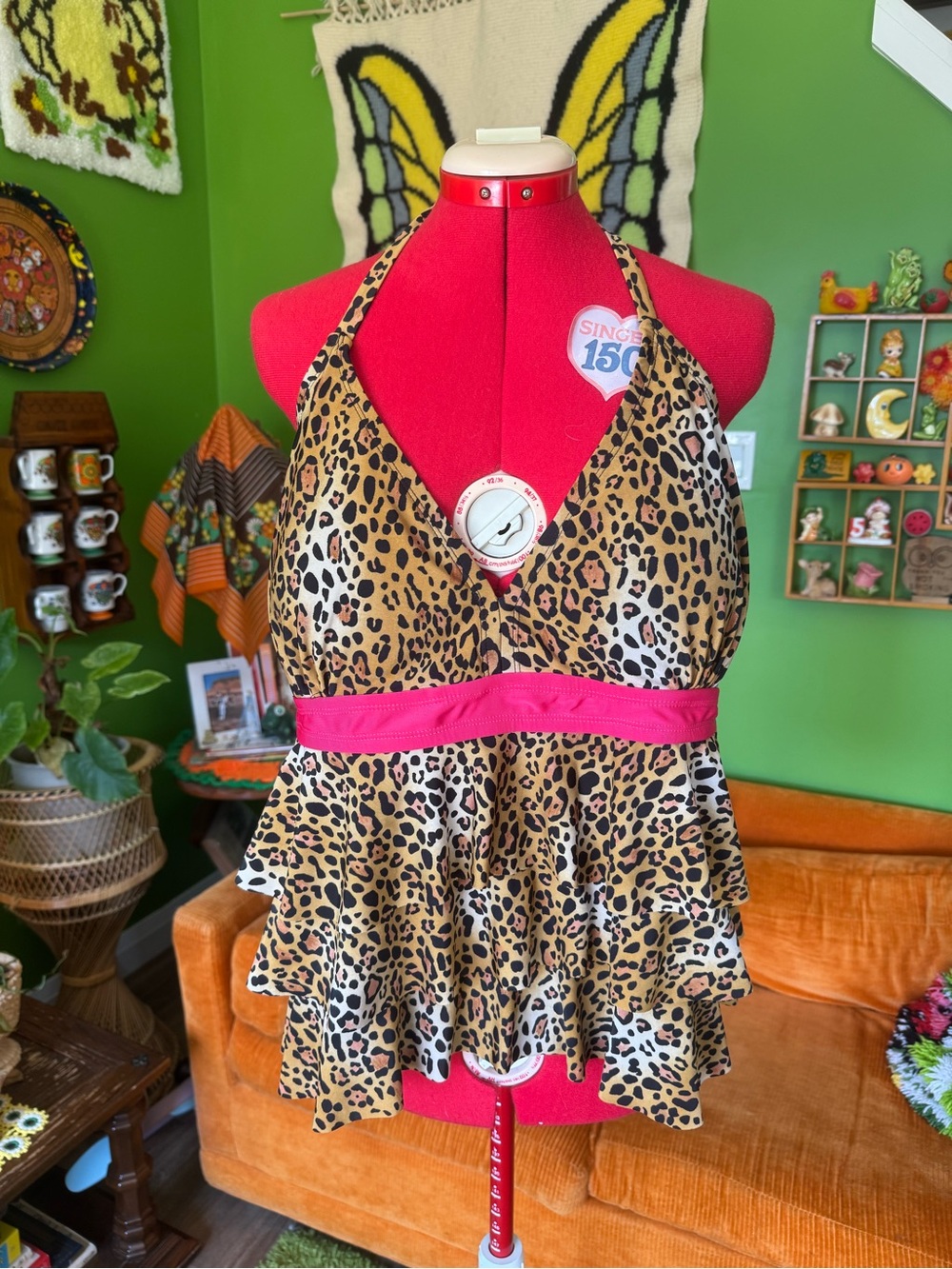 Catalina Leopard Print Ruffled Tankini Top with Pink Band